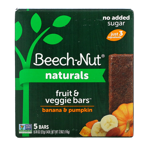 Beech-Nut‏, Naturals, Fruit & Veggie Bars, Stage 4, Banana & Pumpkin, 5 Bars, 0.78 oz (22 g) Each