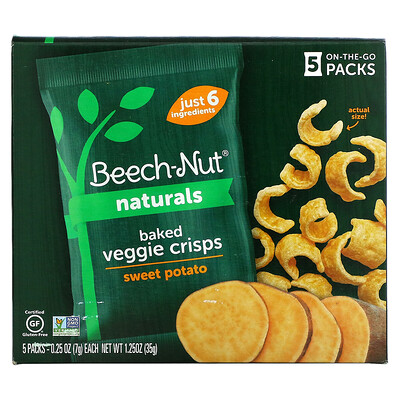 

Beech-Nut Naturals, запеченные вегетарианские чипсы, батат, 5 пакетиков по 7 г (0,25 унции)