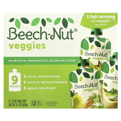 Beech-Nut, Grönsaker, 6+ månader, olika förpackningar, 9 påsar, 3.5 oz (99 g) vardera