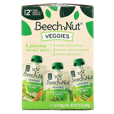 Beech-Nut Veggies, Variety Pack, этап 2, 9 пакетиков, 99 г (3,5 унции)