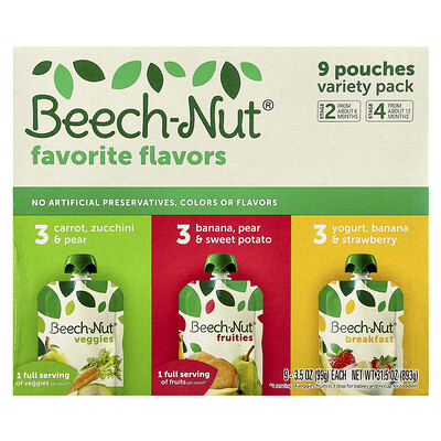 Beech-Nut, Paquete surtido de sabores favoritos, 6 meses y más de 12 meses`` 9 sobres, 99 g (3,5 oz) cada uno