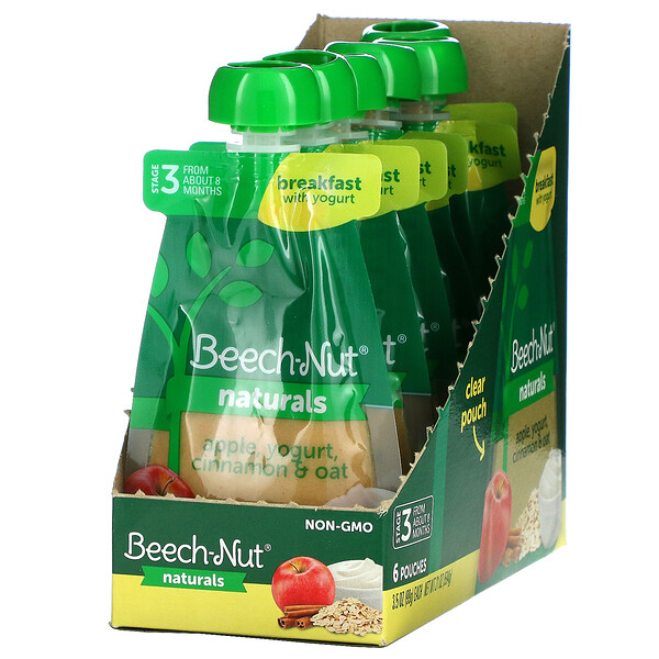 Beech-Nut‏, Naturals, Breakfast with Yogurt, Stage 3, Apple, Yogurt, Cinnamon & Oat, 6 Pouches, 3.5 oz (99 g) Each