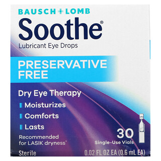 Bausch + Lomb, Calmante, Gotas lubricantes para los ojos, Sin conservantes, 30 viales de un solo uso, 0,6 ml (0,02 oz. Líq.) Cada uno
