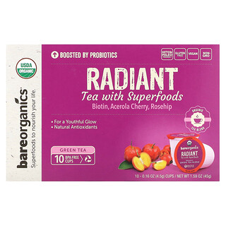 BareOrganics, Bersinar, Teh dengan Makanan Super, Teh Hijau, 10 Cawan, 0.16 oz (4.5 g) Setiap satu
