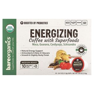 BareOrganics, Memberi tenaga, Kopi dengan Makanan Super, Panggang Sederhana, 10 Cawan, 0.41 oz (11.5 g) Setiap satu