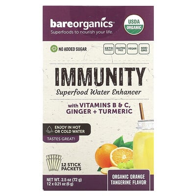 BareOrganics, Immunity, Superfood Water Enhancer, Organic Orange Tangerine, 12 Stick Packets, 0.21 oz (6 g) Each