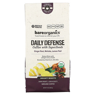 BareOrganics, Kopi Pertahanan Harian Dengan Makanan Super, Dikisar, Panggang Gelap, 10 oz (283 g)
