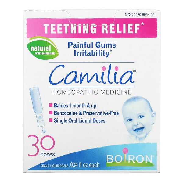 Boiron, Camilia, средство для снятия боли при прорезывании зубов, для младенцев от 1 месяца, 30 отмеренных жидких доз по 1 мл (0,034 жидк. унции)