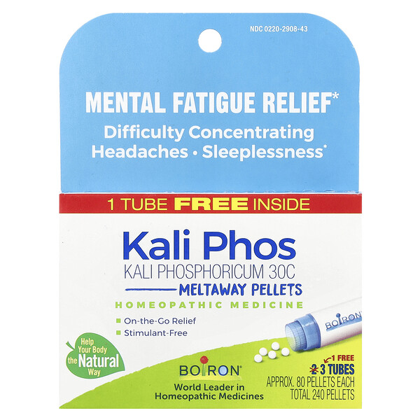 Boiron Kali Phosphoricum, Mental Fatigue Relief, Meltaway Pellets, 30C, 3 Tubes, Approx. 80 Pellets Each