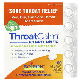 Boiron, ThroatCalm®, Torokfájás enyhítésére, 4 éves kortól, Ízesítetlen, 60 db Meltaway tabletta