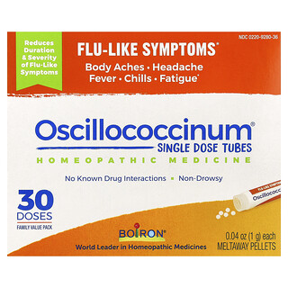 Boiron, Oscillococcinum, jednorazové tuby, príznaky podobné chrípke, vek 2+, 30 rozpúšťajúcich sa peliet, každá po 1 g