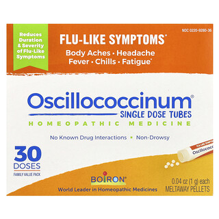 Boiron, Oscillococcinum, enkeltdosertuber, influensalignende symptomer, fra 2 år, 30 smeltetabletter, 1 g (0,04 oz) per stk.
