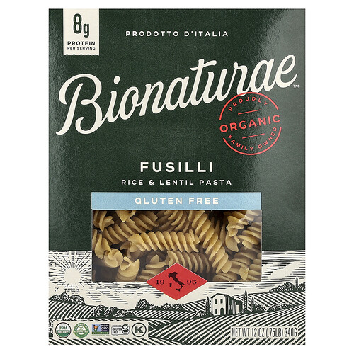 Bionaturae, Gluten Free Rice & Lentil Pasta, glutenfreie Reis- und Linsennudeln, Fusilli, 340 g (12 oz.)