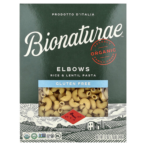 Bionaturae, Gluten Free Rice & Lentil Pasta, glutenfreie Reis- und Linsennudeln, Elbows, 340 g (12 oz.)