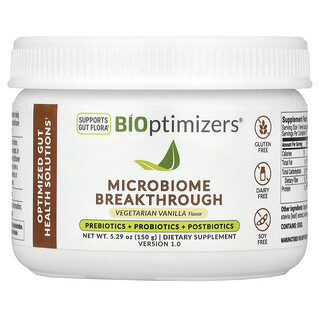 BIOptimizers, Microbiome Breakthrough, Suplemento con prebióticos, probióticos y posbióticos, Vainilla vegetariana, 150 g (5,29 oz)