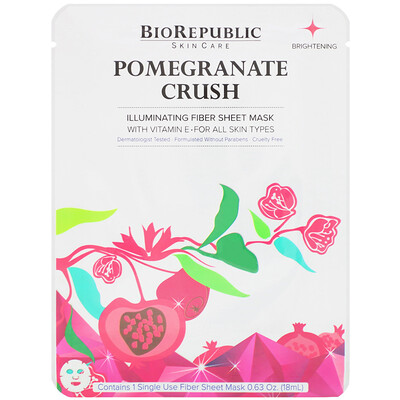 BioRepublic Skincare Pomegranate Crush, Illuminating Fiber Sheet Mask, 1 Sheet, 0.63 oz (18 ml)