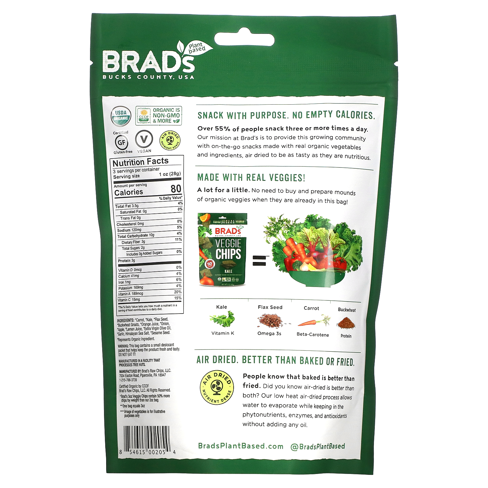Brad's Plant Based, Veggie Chips, Kale, 3 oz (85 g)