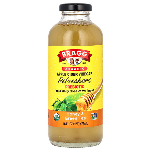 Bragg Organic Apple Cider Vinegar Refreshers, Prebiotic, Honey & Green Tea, 16 fl oz (473 ml)