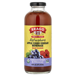 Bragg, Rinfrescanti all'aceto di mele biologico, bevanda, uva Concord e ibisco, 473 ml