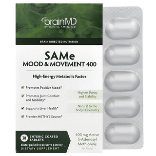 BrainMD, SAMe, Humør og bevegelse 400, 400 mg, 30 enterodrasjerte tabletter