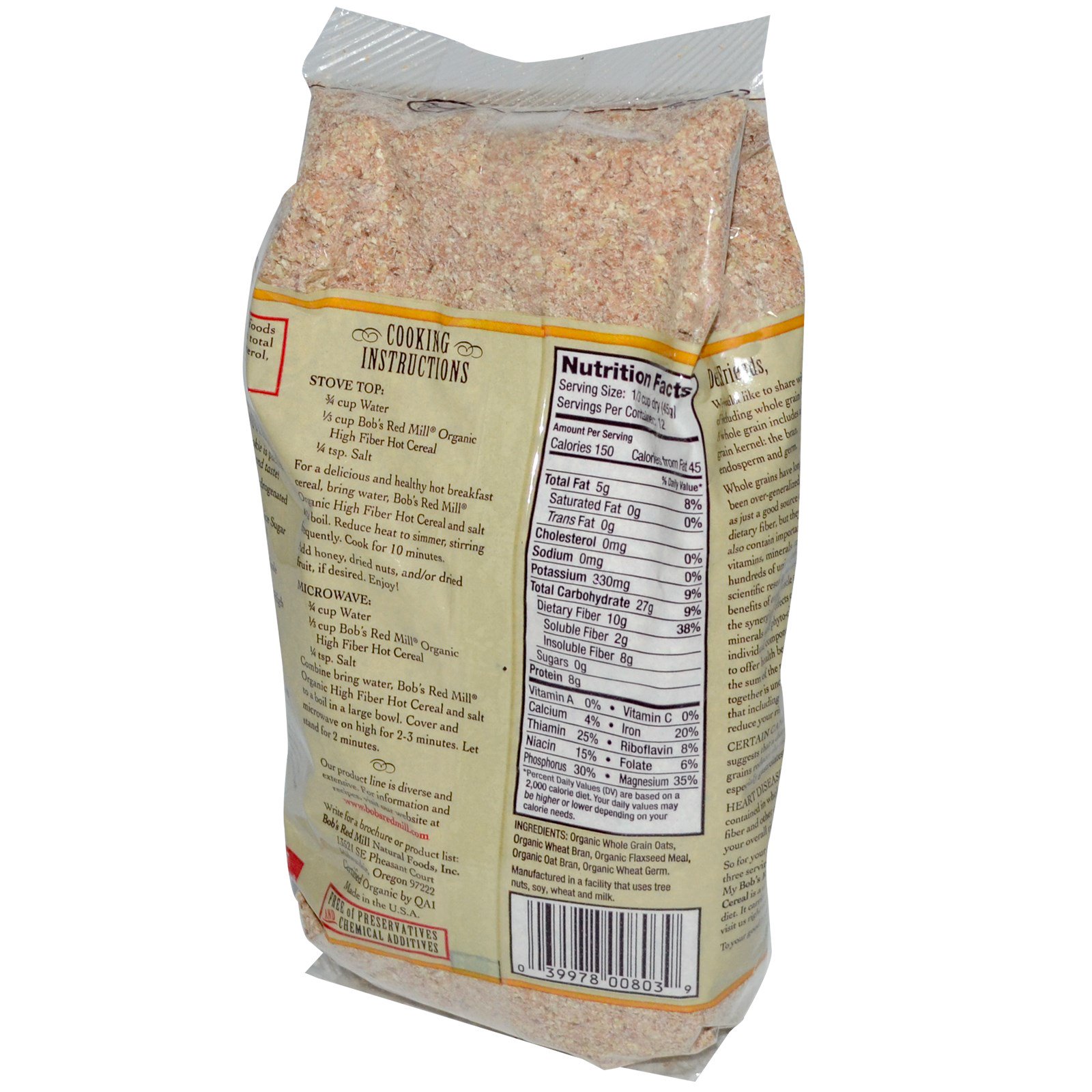 Bob's Red Mill, Organic, Whole Grain High Fiber Hot Cereal, with