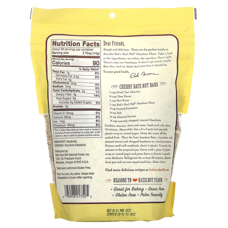 Bob's Red Mill, Finely Ground Hazelnut Flour, Gluten Free, 14 Oz (396 G)