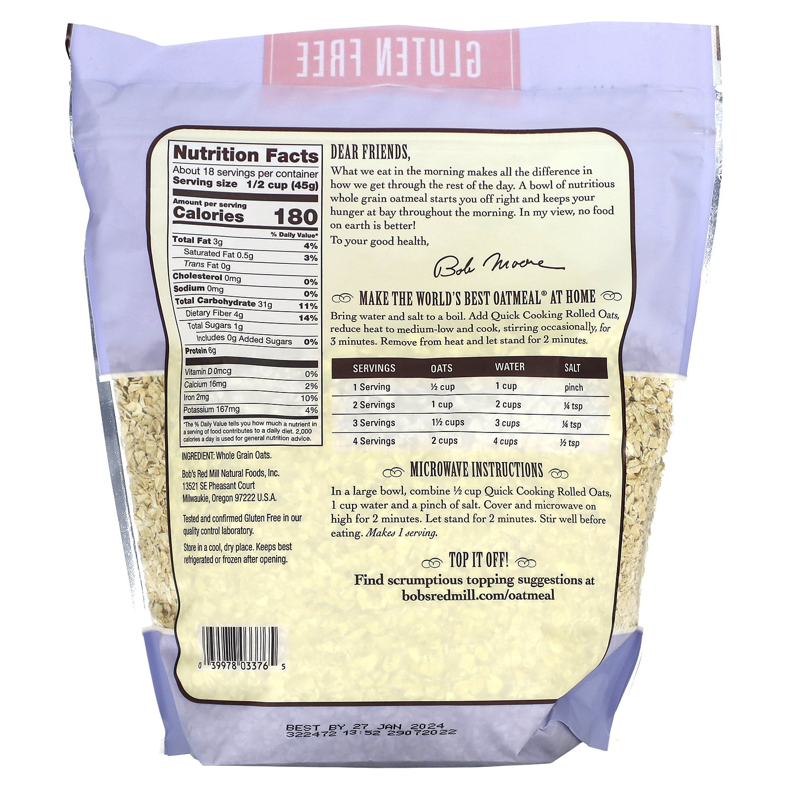 Bob's Red Mill, Quick Cooking Rolled Oats, Whole Grain, Gluten Free, 28