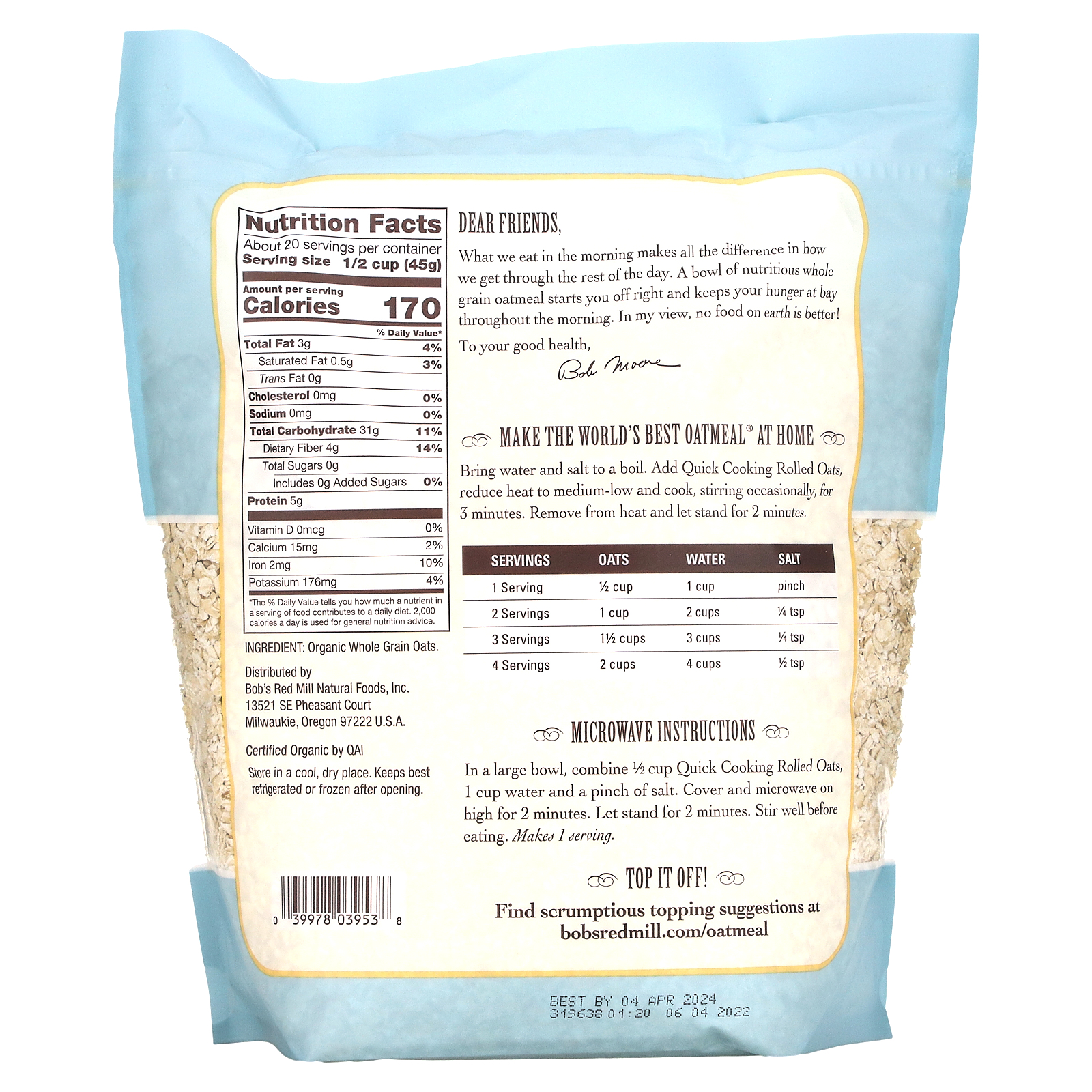 Bob's Red Mill, Organic, Quick Cooking Rolled Oats, Whole Grain, 32 oz