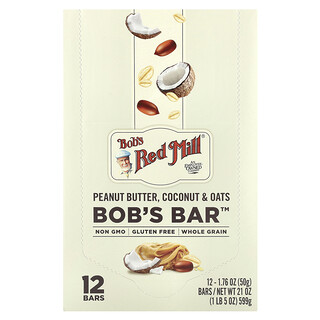 Bob's Red Mill, Bob's Bar™, Mantequilla de maní, coco y avena, 12 barritas, 50 g (1,76 oz) cada una