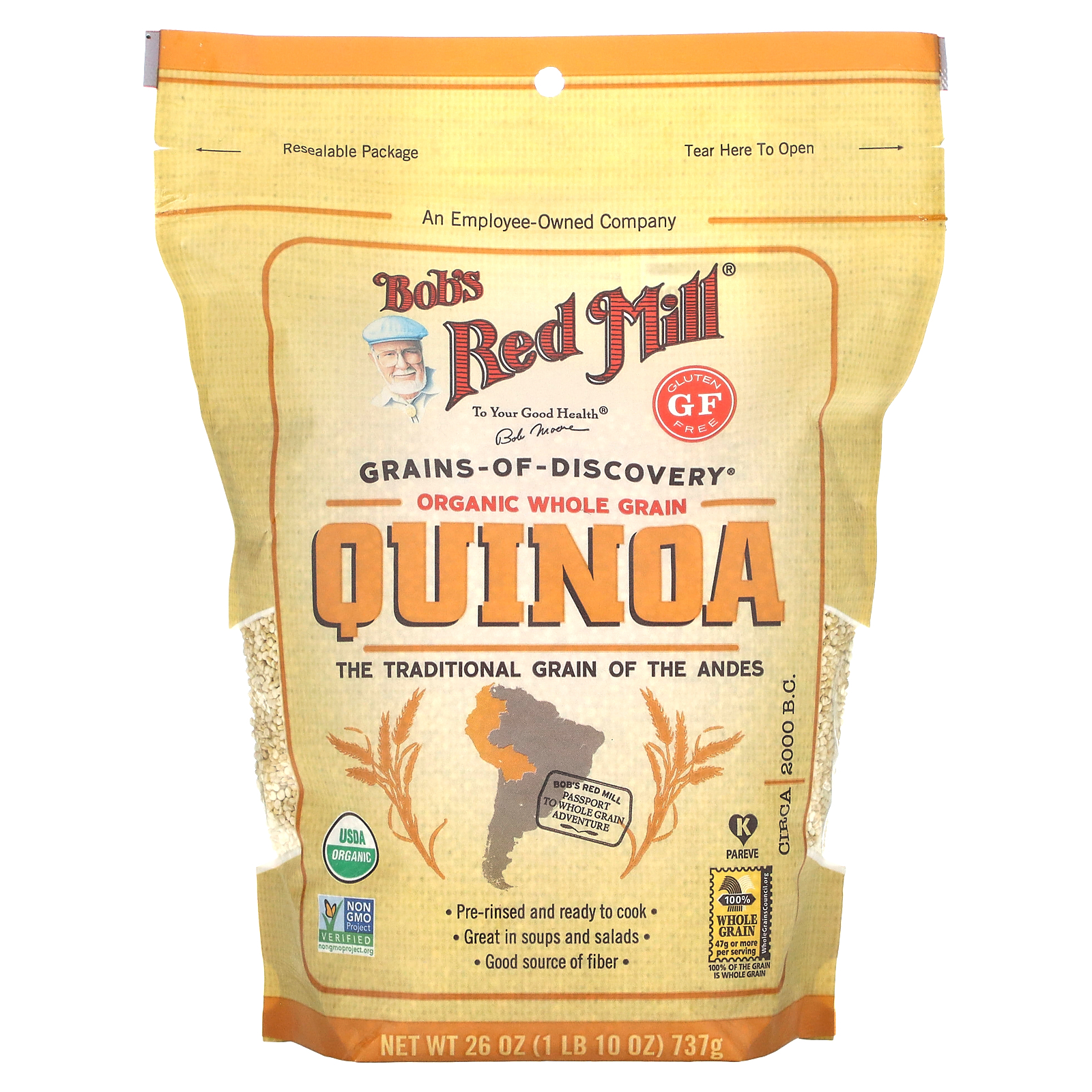 Bob's Red Mill, Organic Whole Grain Quinoa, Gluten Free, 26 oz (737 g)
