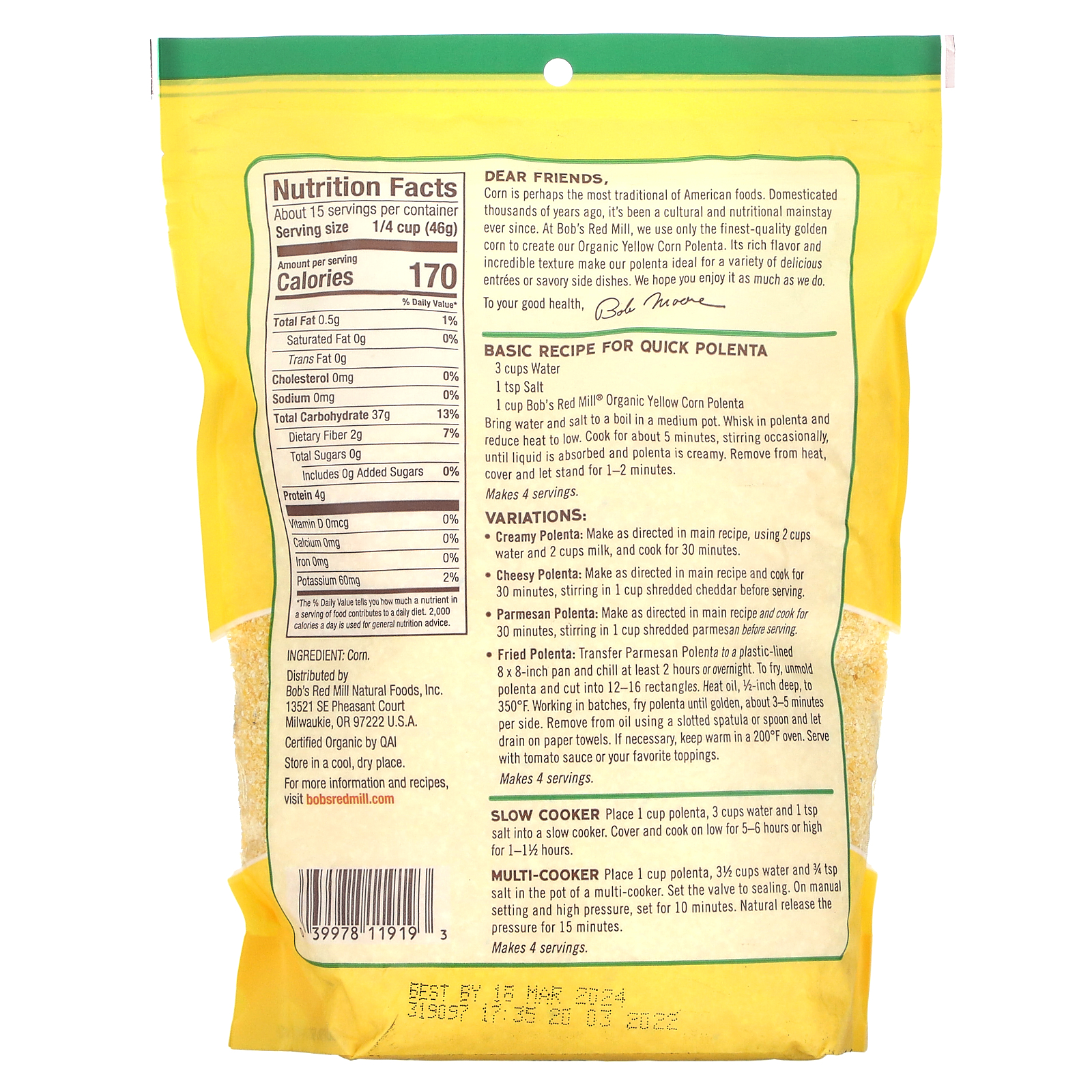 Bob's Red Mill, Organic Yellow Corn Polenta, 24 oz (680 g)