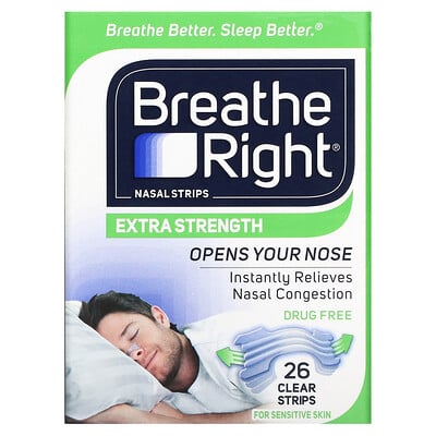Breathe Right Полоски для носа, усиленная, для чувствительной кожи, 26 прозрачных полосок