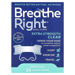Breathe Right, Tiras nasales, Transparentes, Para piel sensible, 26 tiras transparentes
