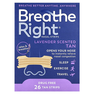Breathe Right, Tiras nasales, Lavanda, 26 tiras de color tostado