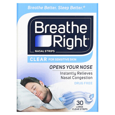 Breathe Right Полоски для носа, прозрачные для чувствительной кожи, большие, 30 прозрачных полосок