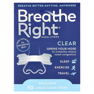 Breathe Right, Tiras nasales, Tamaño grande, 30 tiras transparentes
