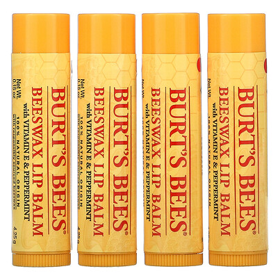 Burt's Bees Бальзам для губ с пчелиным воском, с витамином E и перечной мятой, 4 шт. В упаковке, по 4,25 г (0,15 унции)