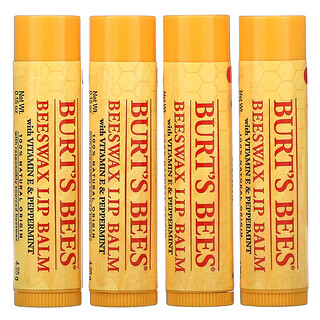 Burt's Bees, Bálsamo labial de cera de abeja con vitamina E y menta, paquete de 4, 4,25 g (0,15 oz) cada uno