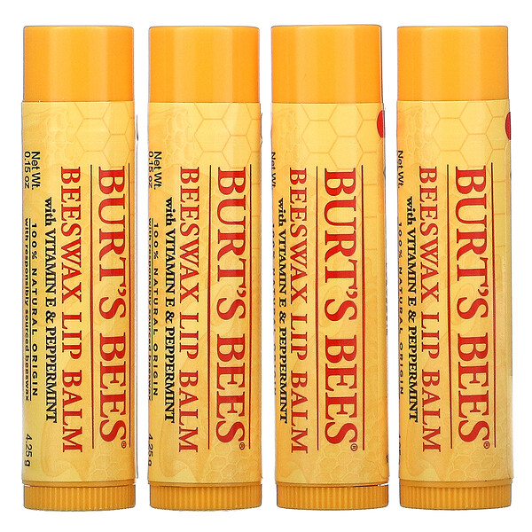 Beeswax Lip Balm with Vitamin E & Peppermint, 4 Pack, 0.15 oz (4.25 g) Each