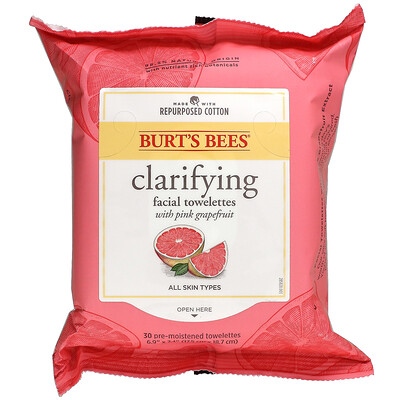 Burt's Bees Очищающие салфетки для лица с розовым грейпфрутом, 30 предварительно увлажненных салфеток