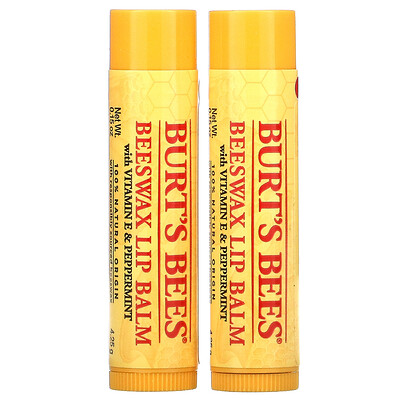 Burt's Bees Бальзам для губ с пчелиным воском, с витамином E и перечной мятой, 2 шт. В упаковке, 4,25 г (0,15 унции)