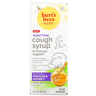 Burt's Bees, 兒童夜間咳嗽緩解糖漿和機體抵抗幫助，3 歲以上兒童，天然葡萄味，4 液量盎司（118 毫升）
