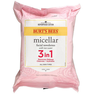 Burt's Bees, Мицеллярные салфетки 3-в-1, с розовой водой, 30 предварительно увлажненных салфеток