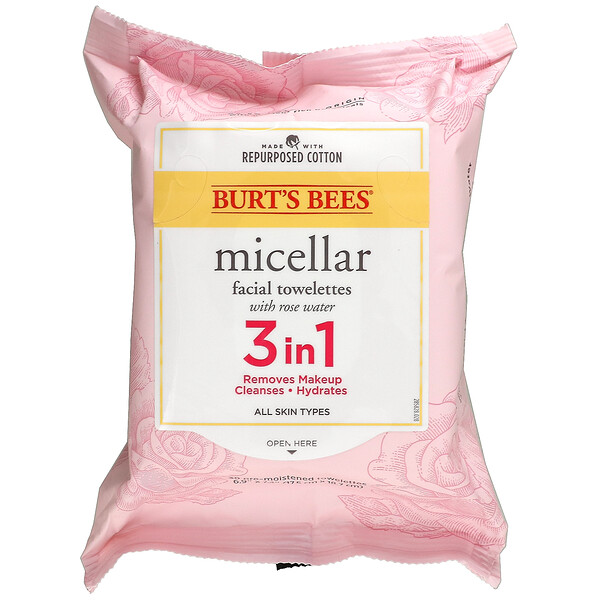 Burt's Bees, Toallitas micelares faciales 3 en 1, Con agua de rosas, 30 toallitas prehumedecidas