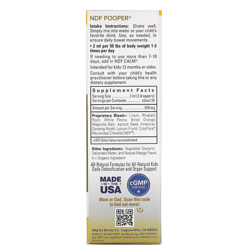 Bioray, Kids, NDF Pooper, Bowel Mover & Toxin Removal, Mango , 2 fl oz