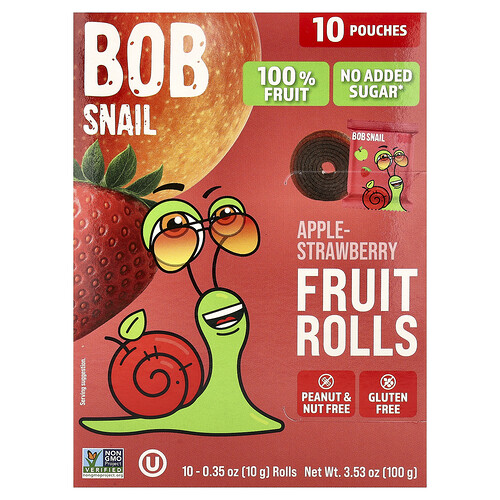 Bob Snail, Rollitos de frutas, Manzana y fresa, 10 bolsas, 10 g (0,35 oz) cada una