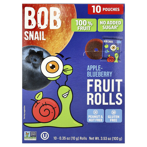 Bob Snail, Rollitos de frutas, Manzana y arándano azul, 10 sobres, 10 g (0,35 oz) cada uno