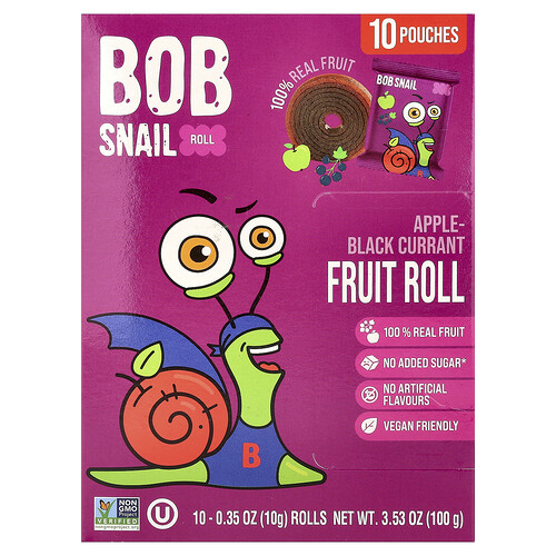 Bob Snail, Arrollados frutales, Manzana y grosella negra, 10 bolsas, 10 g (0,35 oz) cada una