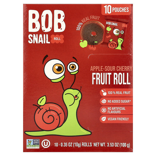 Bob Snail, Rollitos de frutas, Manzana y cereza ácida, 10 sobres, 10 g (0,35 oz) cada uno