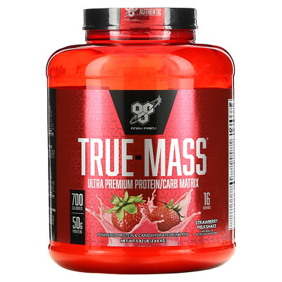 BSN True-Mass, белково-углеводная смесь ультрапремиального качества, клубничный молочный коктейль, 2,64 кг (5,82 фунта)